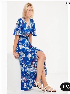 Cotton On Blue Tropical High Low Dress S V-Neck Flutter Sleeves Tie Buttons NWT